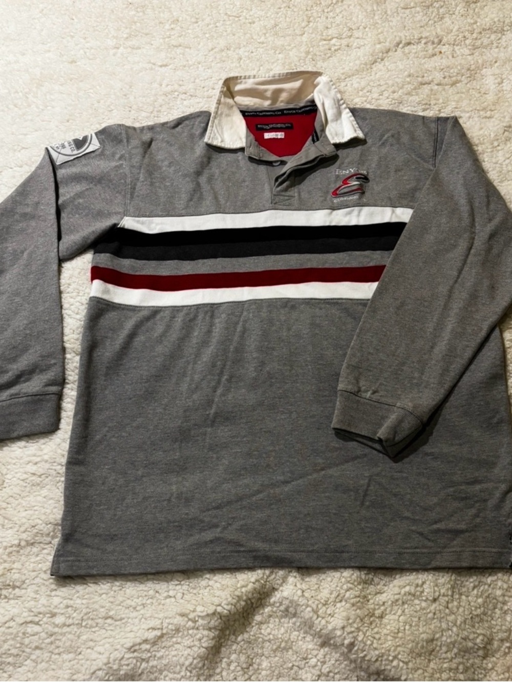 Gray Long-Sleeve Rugby Shirt with Red & Black Stripes0423